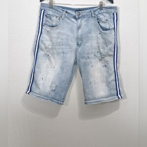 Society Distressed Ice Blue Paint Splatter Urban Men's Jeans Shorts, Size 38.